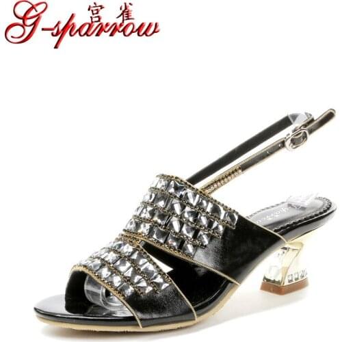 G-sparrow 2019 Womens Shoes Summer Fashion Rhinestone Stiletto Thick High Heel Sexy Sandals High Quality Black Silver 6cm