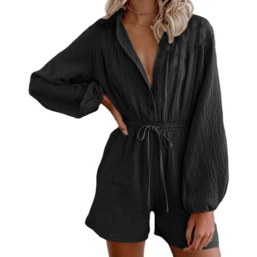 Women Jumpsuit Long Sleeve Drawstring One-Piece Single-breasted Lapel Pockets Romper for Daily Wear Playsuits Fashion Rompers