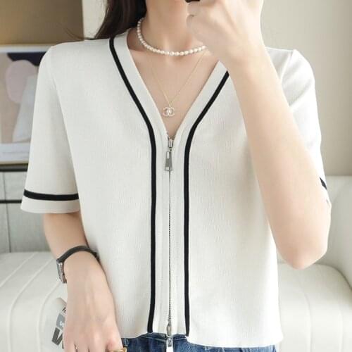 Summer short ice silk cardigan knitted short-sleeved female v-neck slim thin half-sleeved T-shirt