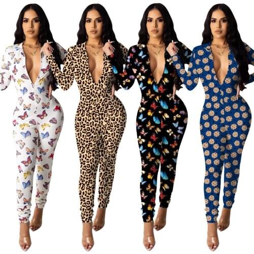 Echoine Womens Jumpsuit Sporty Long Sleeve Fitness Bodycon Playsuit Butterfly Leopard Printed Zipper Rompers Workout Activewear