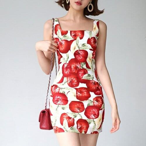 2018 New Arrival Red Apple Print Women Slim Bodycon Dress Square Neck Vintage Mini Dress Sweet Summer Dress Vestidos Robe Femme
