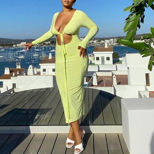 2021 Sexy Bodycon Dress Hollow Out Women V Neck Sexy Midi Long Sleeve Autumn Winter Casual Black Yellow Club Party Y2k Dresses