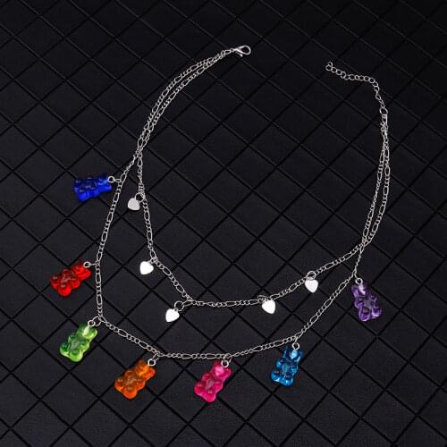 Gummy Resin Bear Heart Pendants Necklace Colorful for Women Double Layer Collare Choker Silver Color Necklaces Party Jewelry