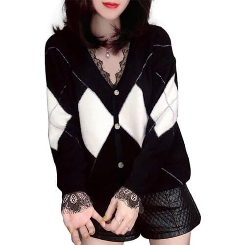 2020 lace splice v-necked cardigan for new mag womens loose knit sweater