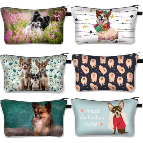 Kawaii Chihuahua / Papillon / Pomeranian Dog Cosmetic Case Women Makeup Bags Small Clutch Girls Cosmetic Case Lipstick Bag Gift