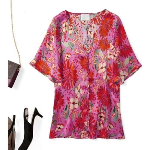 Elfbop Top Version Silk V Neckline Flower Floral Print Blouse Shirt Top - Ladies Causal Short Sleeve Shirt Top