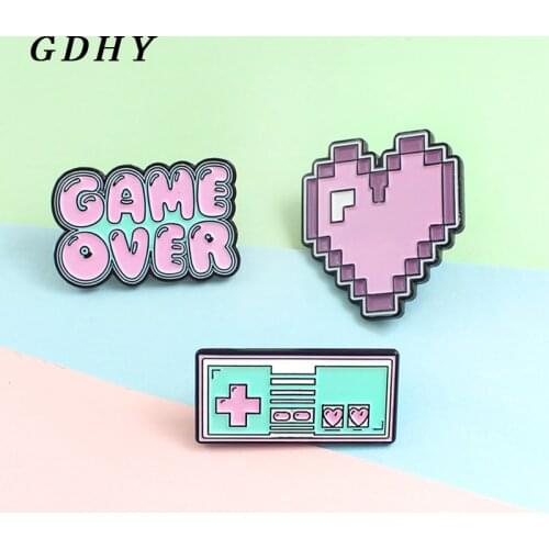 GDHY GAME OVER ! Cute Cartoon Pink Game Brooch Pink Purple Pixel Heart Game machine Enamel Pin Lapel Denim Badge Jewelry Gift