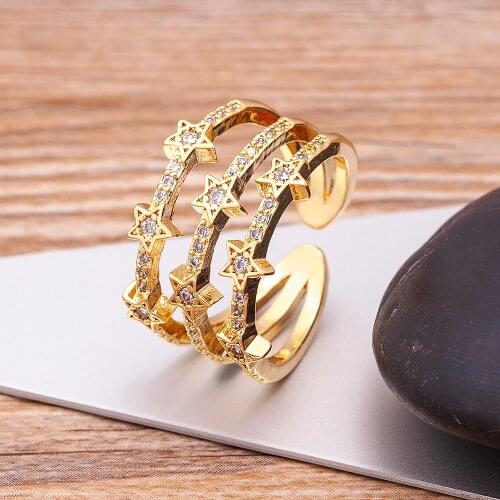 Trendy Three Layers Luxury Star Shape Lucky Wedding Party Ring Micro Paved Zircon Delicate Women Engagement Adjustable Jewelry