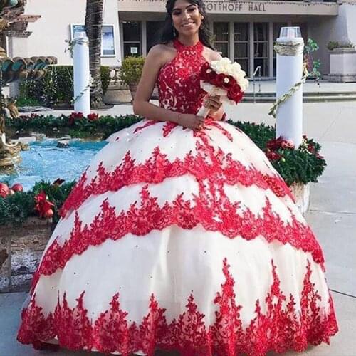 Lace Quinceanera Prom Dresses High Neck Tulle Ball Gown Three Layers Skirt Sequins Beaded Sweet 16 Dress Prom Dresses 7th Grade