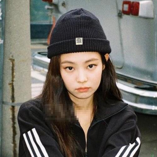 Fashion ABC Label Black Knit Hat unisex kpop Jennie Crochet Cap Skullies Gorros Cool Trendy ootd Hip Hop Style Blink bp