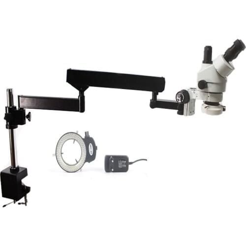 Simul-Focal 7X-45X Trinocular Stereo Microscope Articulating Arm Clamp Microscope 144 Led ring Light lamp