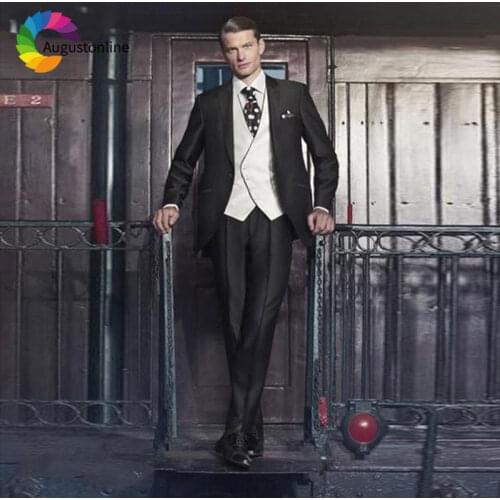 Custom Made Italian Black Mens Wedding Suits for Men Groomsmen Suit 3Piece Ivory Vest Vintage Best Man Blazers Groom Tuxedos