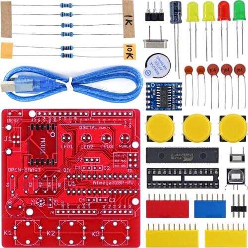 OPEN-SMART UNO R3 DIY ATmega328P Development Board CH340 Driver Soldering Parts Kit with Buzzer LED Button for Arduino UNO R3 -R