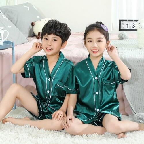 Children Girls Pajamas Set Summer Short Sleeve Kids Sleepwear Fake Silk Boys Pyjamas Sets Solid Color Casual Home Clothes