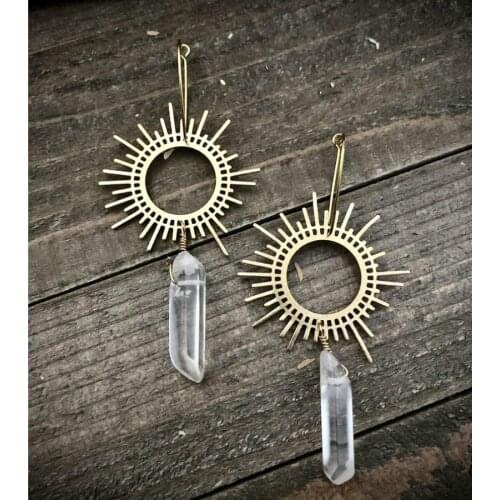 Quartz Crystal Sunburst Dangles / Sun Ray Hoop Earrings / Large Statement Earrings