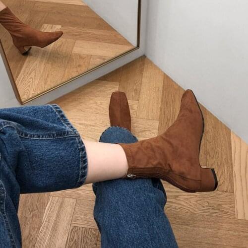 Multicolor Versatile Fashion Short Boots Leather/suede Square Toe Mid-heel Nude Boots Size 33-42 Zipper Boots Women