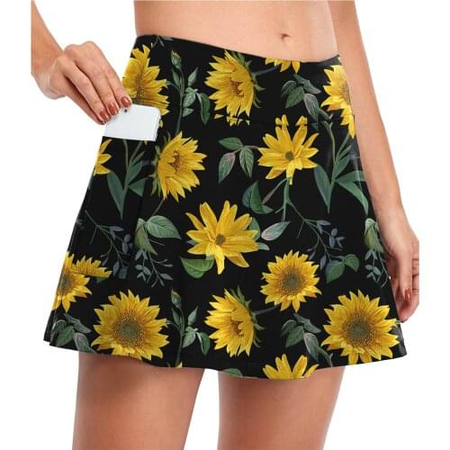 Sunflower Print Fake 2 Piece Hakama Pockets Shorts Womens Solid Active Lightweight For Running Tennis Golf Sports Mini Skirt P5