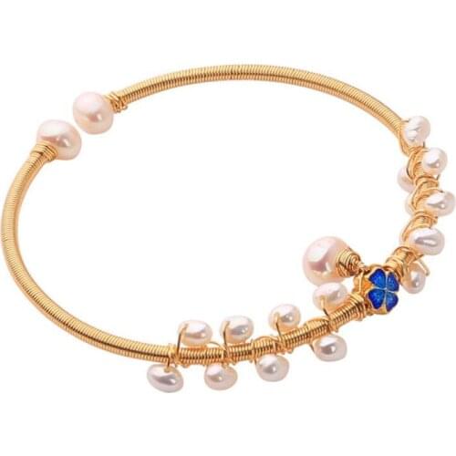 Blue Stone Clover Cuff Bracelet Natural Freshwater Pearl Bangle Original Design Gold Color Handmade Wire Kinking Creative Bangle