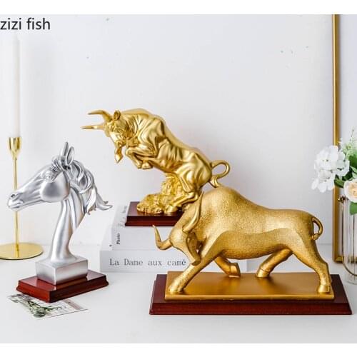 Golden Bull Silver Horse Statue Totem Animal Desktop Decoration Statuette Resin Figurines Tabletop Ornaments Modern Home Decor