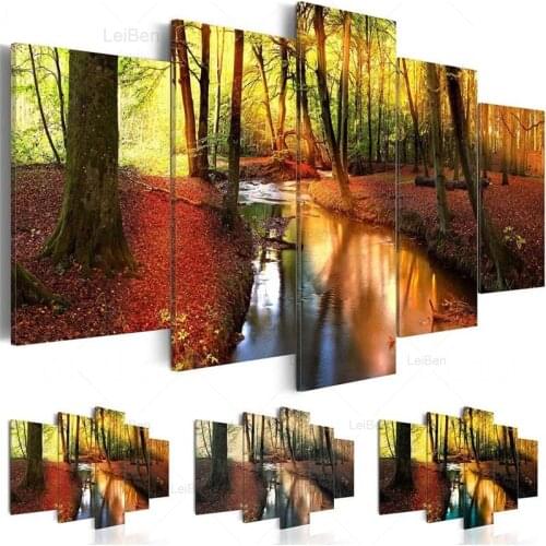 Sunny Creek Forest Trees Canvas Painting 5 Pieces Landscape Poster Modern Natural Scenery Wall Art Print for Bedroom Home Decor