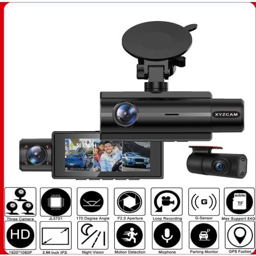Car DVR Dashcam Three Lens 3 Channel Camera Rear Vision FHD 1080P 2 Inch Parking Monitor Auto Video Recorder Dash Cam Camcorder