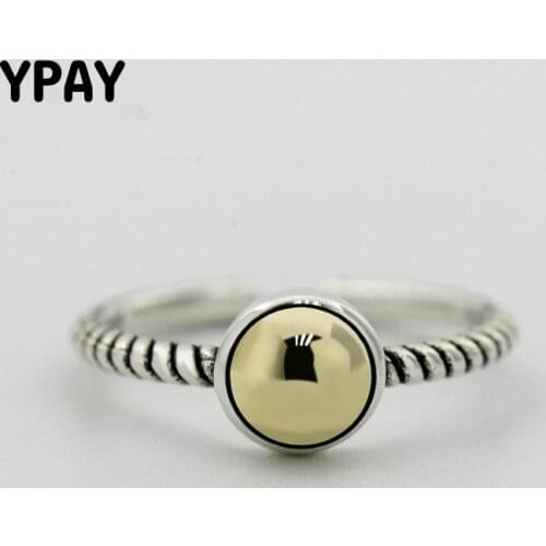 YPAY Real 925 Sterling Silver Rings Women Vintage Round Gold Tone Metal Open Adjustable Finger Ring Fine Jewelry Gifts YMR220