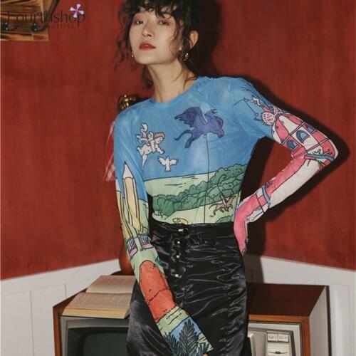 2020 New Women Fashion Sheer Mesh Tops Long Sleeve Tight T Shirt Female Graphic Print Tees Basic Tshirt Underwear Spring Autumn