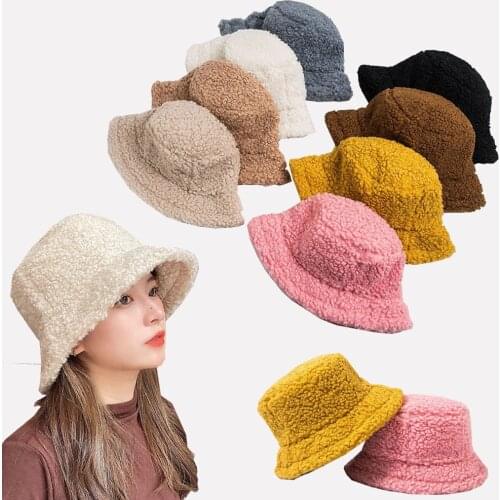 Lamb Wool Faux Female Hat Fur Warm Female Hat Faux Fur Winter Womens Bucket Hat Outdoor Sun Hat Panama Lady Hat