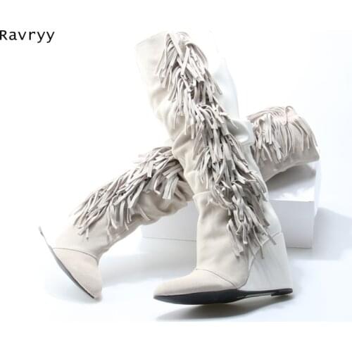 Wedges Heel Woman Long Boots Suede Lather Patch Work Boot Side Fringe Pendant Tassel Decor Autumn Winter Fashion Female Shoes