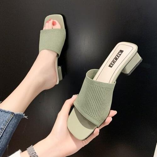 Knitted Half Slippers High Heel Women Summer New Fashion Half Slippers Net Celebrity Fashion Thick Heel Slippers Women