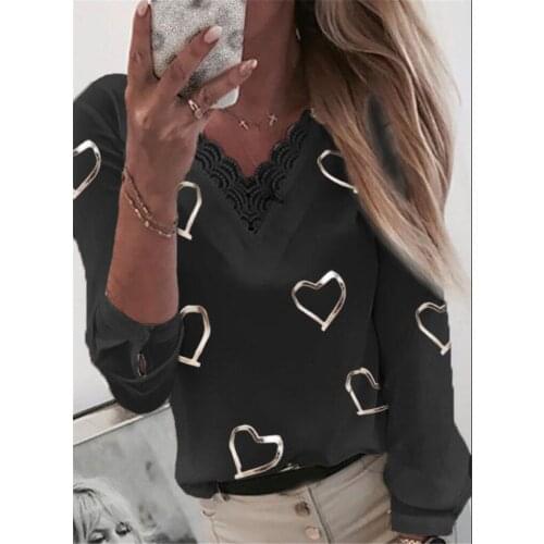 Femme 2021 Spring Long Lace V Neck Printed Sleeve Womens Top Women Tees Ladies Chemisier