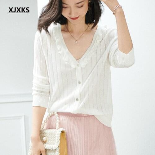 XJXKS 2021 spring summer new women sun protection clothing high-quality thin wool knitted cardigan women single-breasted sweater