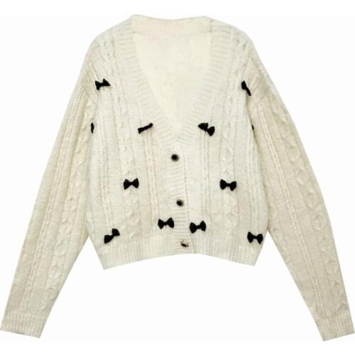 PERHAPS U Women Sweater Knitted Long Sleeve White Gray Thin Cardigans V Neck Autumn Bow Loose M0286