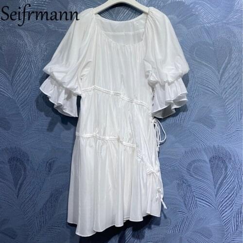 Seifrmann New 2021 Summer Women Fashion Designer Asymmetrical Dress Lantern Sleeve Bow Ruffles White Print Ladies Loose Dresses