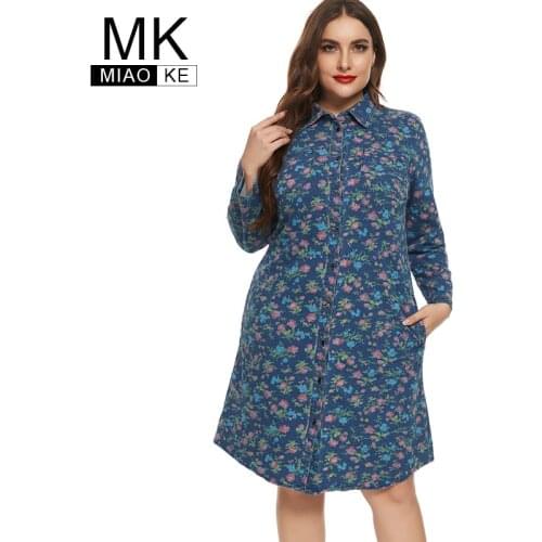2020 Fall womens Long sleeves Printed Denim Shirt Dress fashion Ladies Retro elegant Plus Size dresses Women Clothing 4XL 5XL 6X