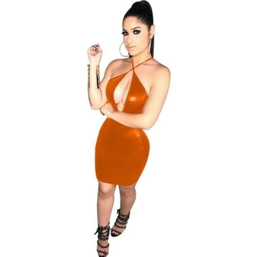 18 Colors Criss Cross Halter Sexy Mini Dress Ladies Novelty Sleeveless Vestido Shiny Faux Leather Hollow Out Bust Night Clubwear