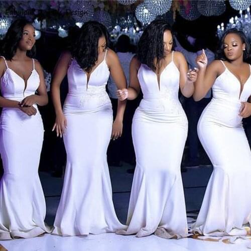 2021 White Mermaid Long Bridesmaid Dresses Sexy V-neck African Women Wedding Party Dress Formal Gown Vestido De Fiesta De Boda