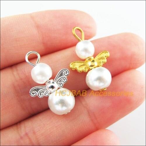 20Pcs Retro Gold Silver Plated White Glass Angel Charms Pendants 14x22mm