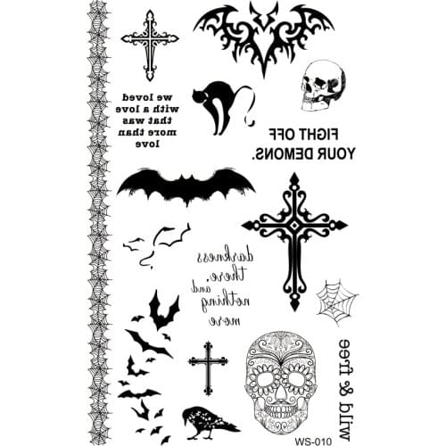 20PCS Cross Bat Skull Black Crow Waterproof Temporary Tattoo Fake Tatoo Sleeves Man Halloween stickers body feiminino