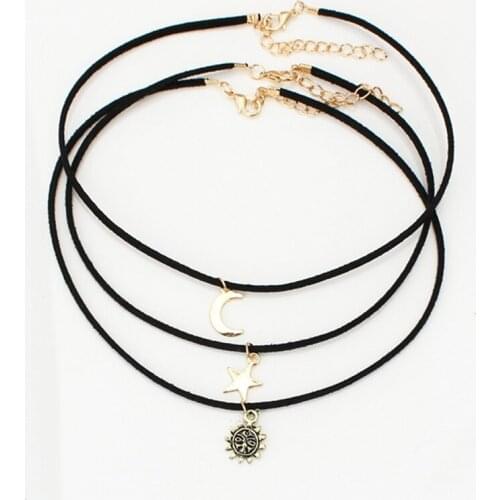 New Fashion Jewelry Hot Selling 3Pcs Sets Star Moon Sun Chokers Necklaces Alloy Pendants Leather Necklaces For Women Unisex Gift