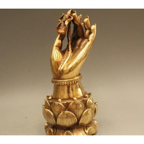 8"China Tibet Tibetan Buddhism Religion Brass lotus flower Buddha Hand Statue