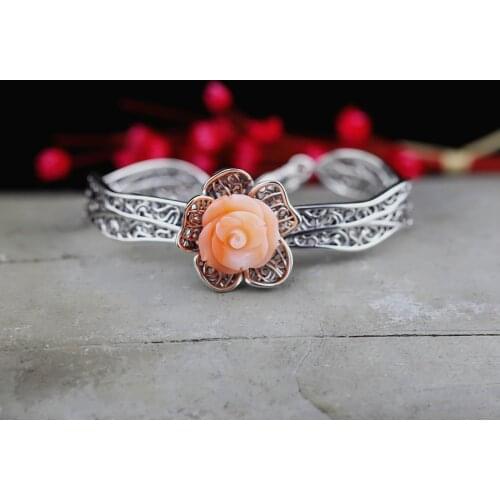 BOCAI New real S925 silver and silver jewelry women fashion classic carved rose, carved woman bracelet