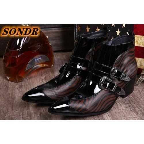 Korean Style Men Genuine Leather Shoes Pointed Toe Double Buckle Strap Ankle Boots Winter Dress Business Shoes Hombres Botas