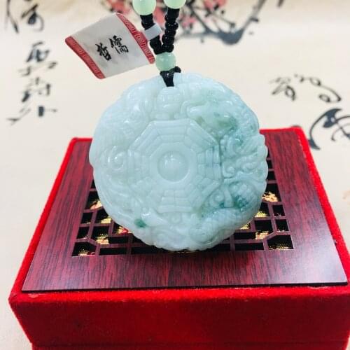 Zheru pure natural Jadeite carved light green two-color round dragon and phoenix pendant with green bead chain sweater chain Sen