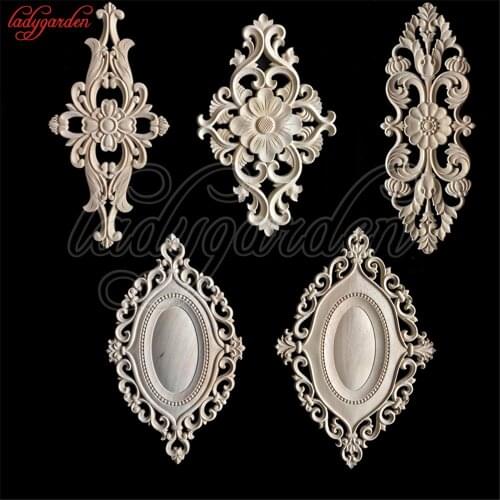 Natural Wood Appliques Flower Carving Decals Decorative Wooden Mouldings for Cabinet Door Furniture Decor Flower Miniature