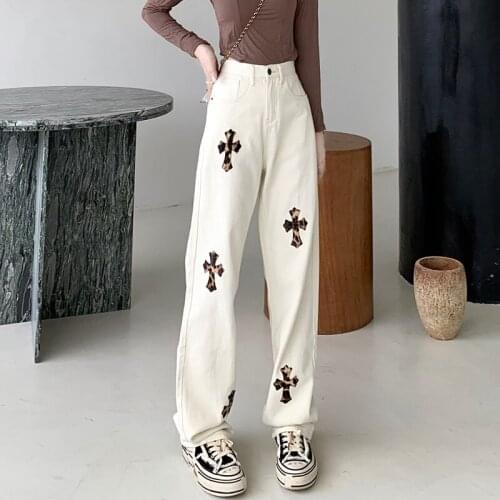 Spice Girl Cross Embroidered Jeans Pants 2021 Autumn New Pants Straight Loose High Waist Wide Leg Pants Womens Wear