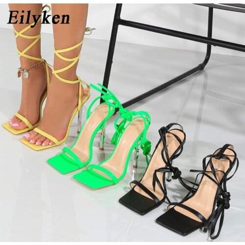 Eilyken 2021 Summer Ankle Strap Sandals Woman Fashion Square Toe Metal Thin High Heels Shoes Sexy Lace Up Party Pumps Size 35-42