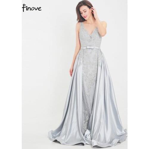 Finove Classic Grey Formal Evening Dresses 2020 robe de soiree Sexy V Neck With Chic Appliques Long Floor Length Party Gowns