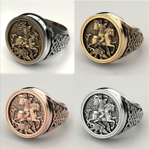 Middle Century Knight Cover Rngraved Ring War Fight Horse Pattern Jewelry Multi Color Round Face For Men Domineering Thick Band