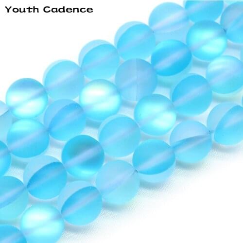 Frosted Matte Lake Blue Glitter MoonStone Crystal Round Loose Spacer Beads Jewelry Making 6 8 10 12MM Fit Diy Beads Wholesale